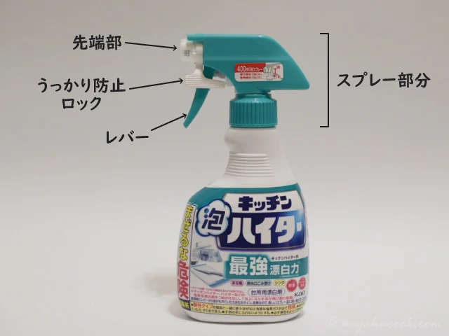 スプレー部分の各部の名称。漂白液の噴射部は「先端部」、ロック機構は「うっかり防止ロック」、引き手（トリガー）は「レバー」との名称が付けられている。